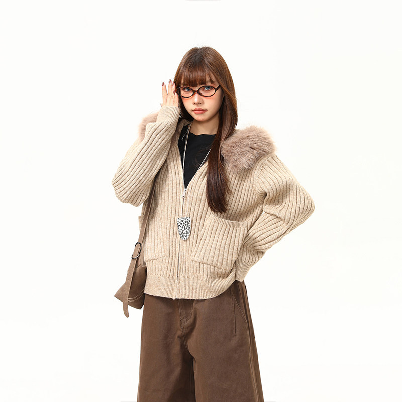 韓系可拆卸毛領連帽毛衣女秋冬氣質顯瘦針織開衫外套上衣