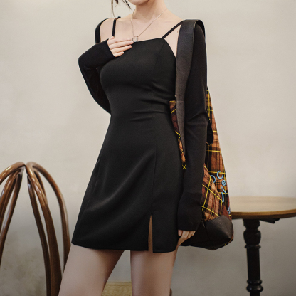 夏日赫本風無袖吊帶連衣裙性感純禦風一字領解構感顯瘦裙子女