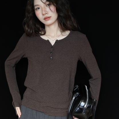 半開領通勤簡約顯瘦小眾長袖t恤女設計感彈力秋新款上衣