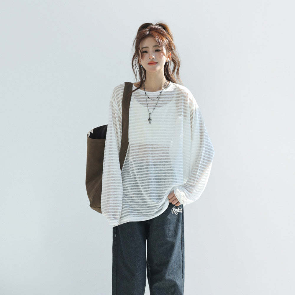 條紋長袖t恤女夏2025新款chic韓系上衣薄款防曬罩衫