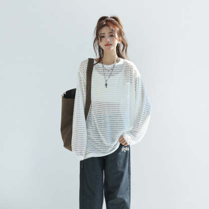 條紋長袖t恤女夏2025新款chic韓系上衣薄款防曬罩衫