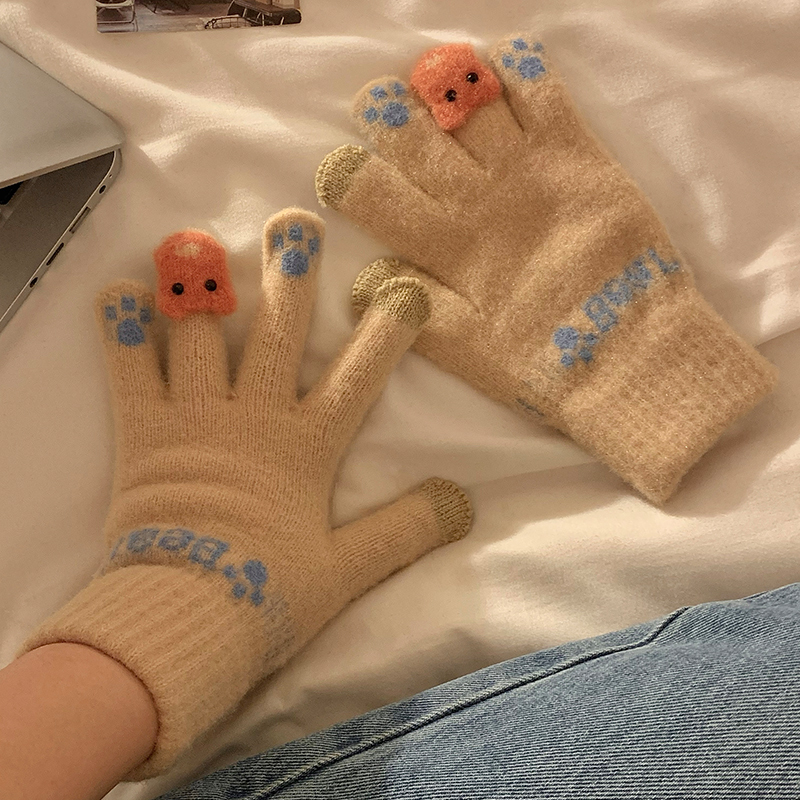 可愛毛絨針織五指手套女士冬季保暖加厚學生觸屏騎車冬天防寒防風