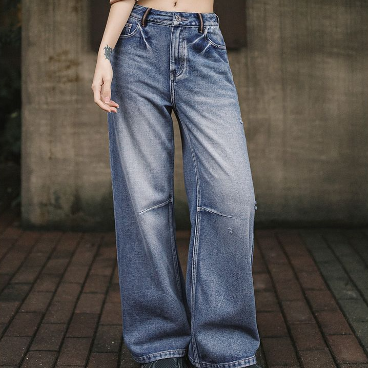 cleanfit重洗水破洞牛仔褲工裝折痕直筒褲遮胯拖地長褲春季女