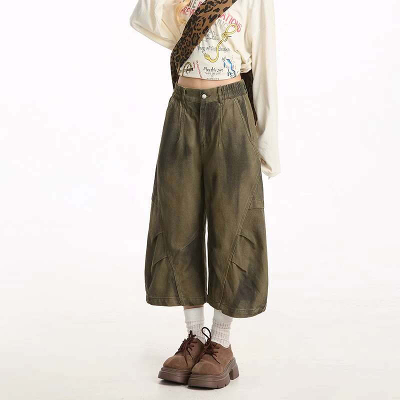 美式復古做舊髒染工裝短褲女夏季寬鬆直筒闊腿褶皺七分褲