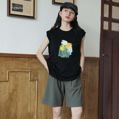 黑色油畫復古港風短袖印花無袖背心T恤女2025年夏季薄款凉快上衣