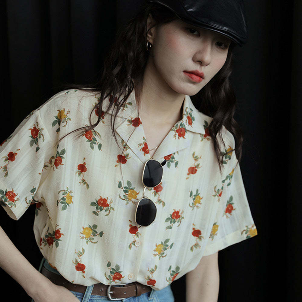 杏色玫瑰花氣質翻領簡約復古港風設計感短袖襯衫女夏季顯瘦上衣