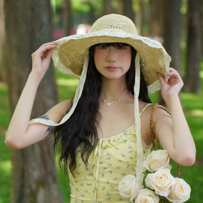 編織防曬帽子田園風草帽女士夏季休閒百搭蕾絲大頭圍顯臉小遮陽帽