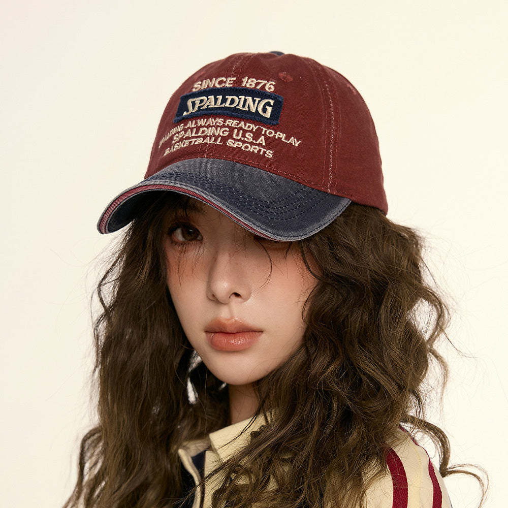 美式復古水洗做舊紅色鴨舌帽子女拼色字母軟頂休閒街頭棒球帽