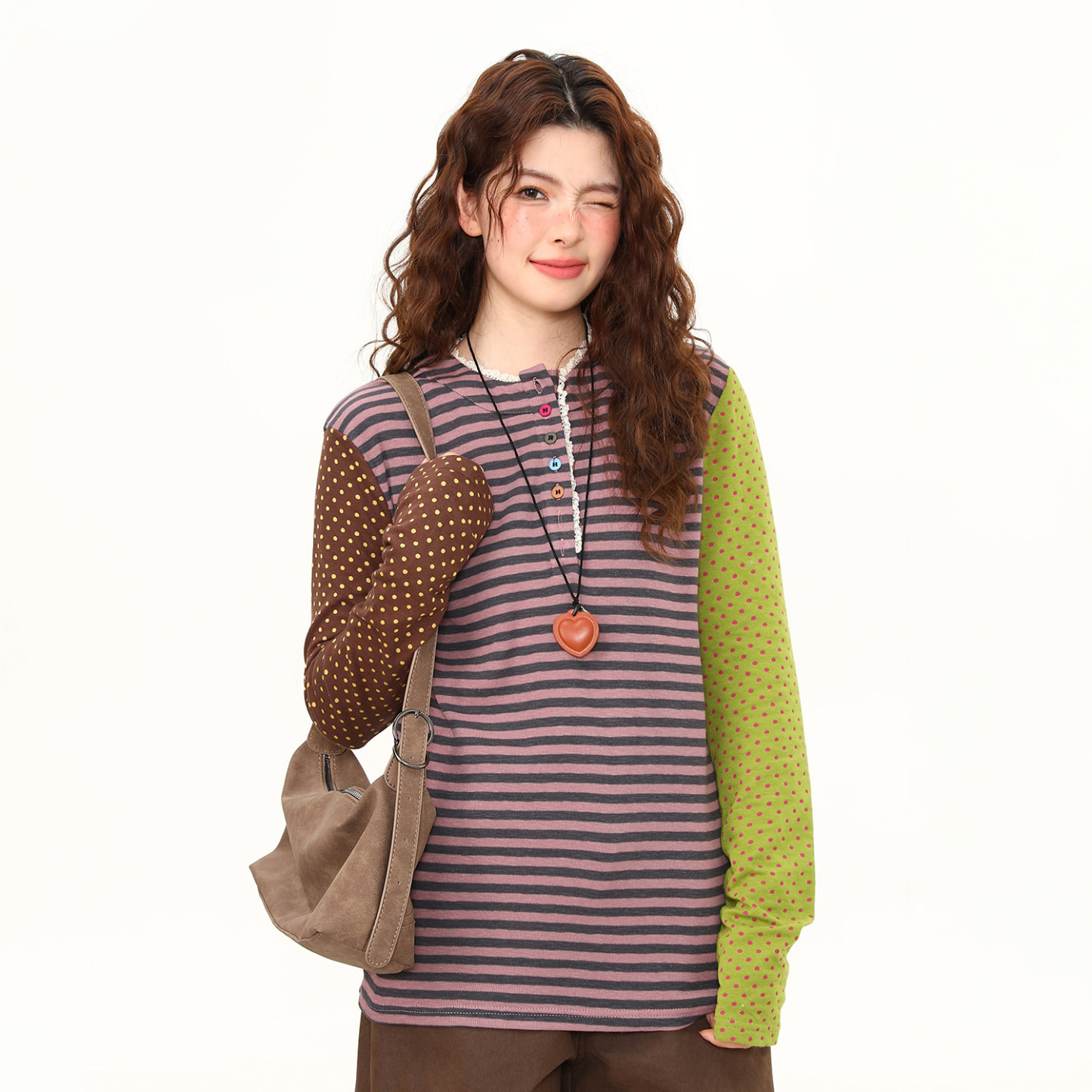 春季新款拼接設計感波點蕾絲花邊長袖T恤女短寬鬆百搭tee