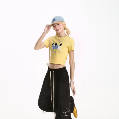 短袖女甜酷小狗植絨减齡T恤夏季修身顯瘦小個子百搭上衣