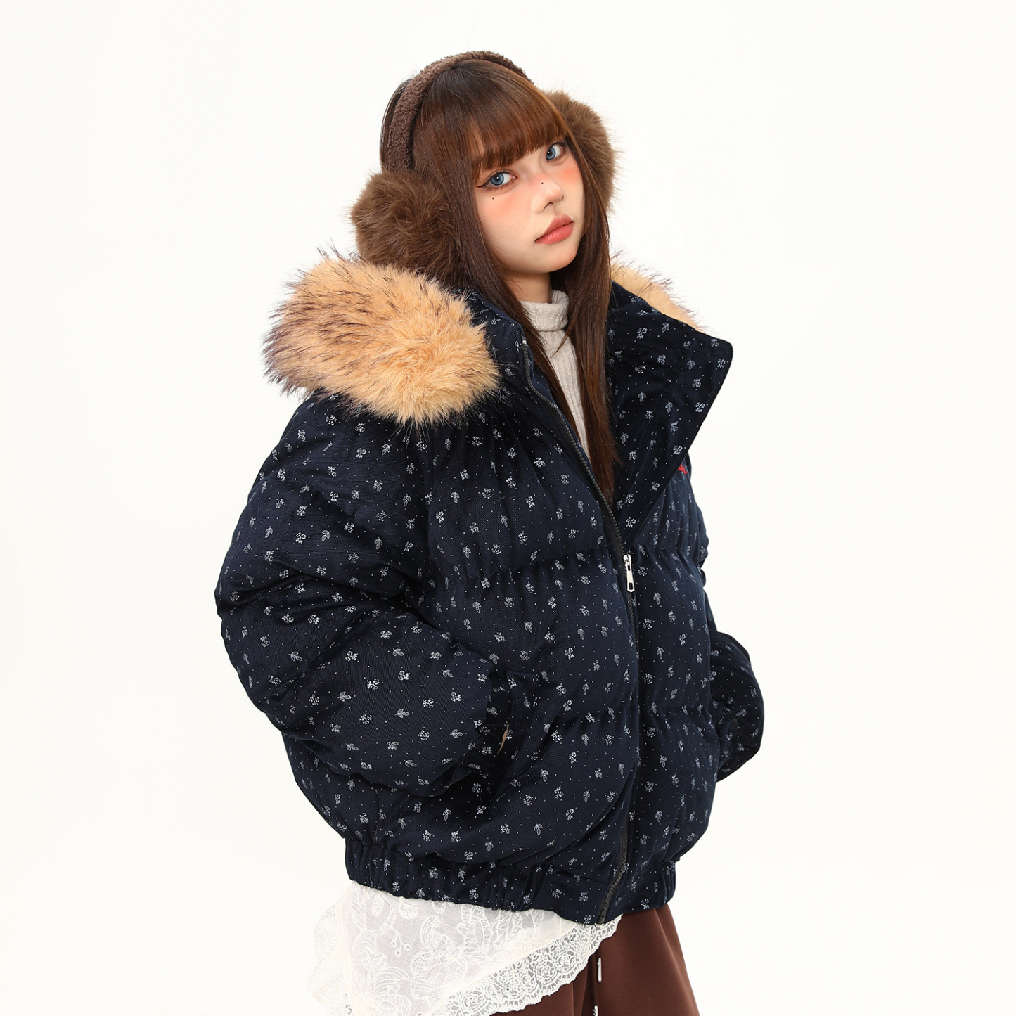 棉服女美式復古碎花設計感外套女冬季保暖加厚可拆卸棉衣