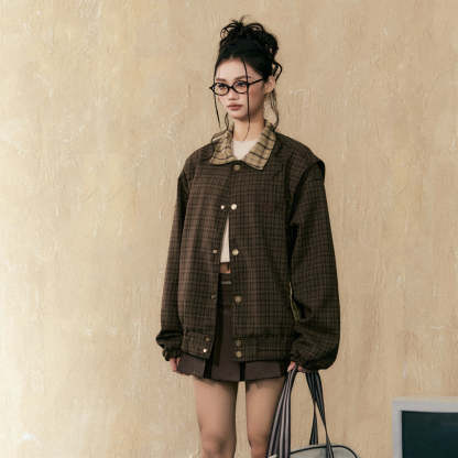 美式復古vintage拼接格子襯衫外套女春秋Cleanfit上衣