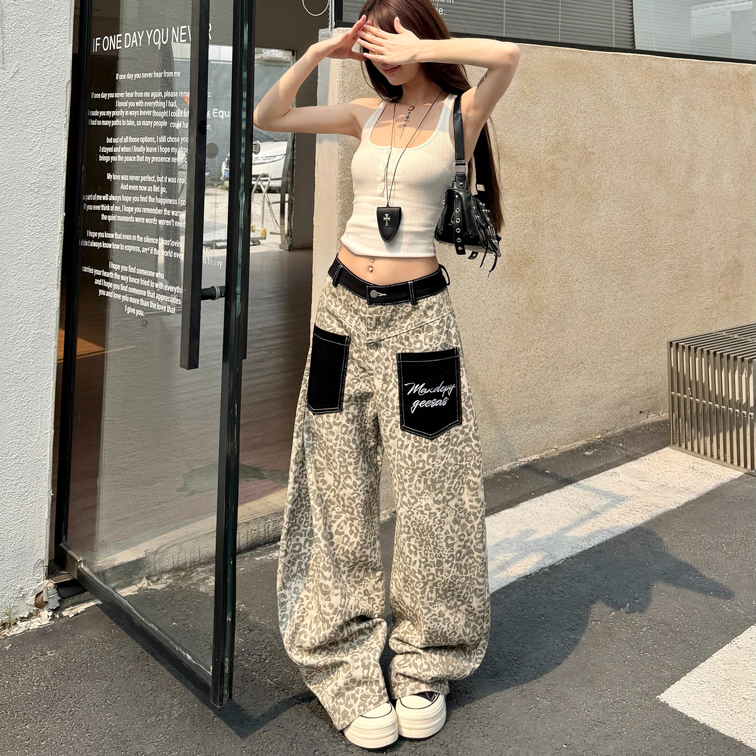 美式復古豹紋貼布口袋牛仔褲女寬鬆街頭潮流闊腿彎刀褲子