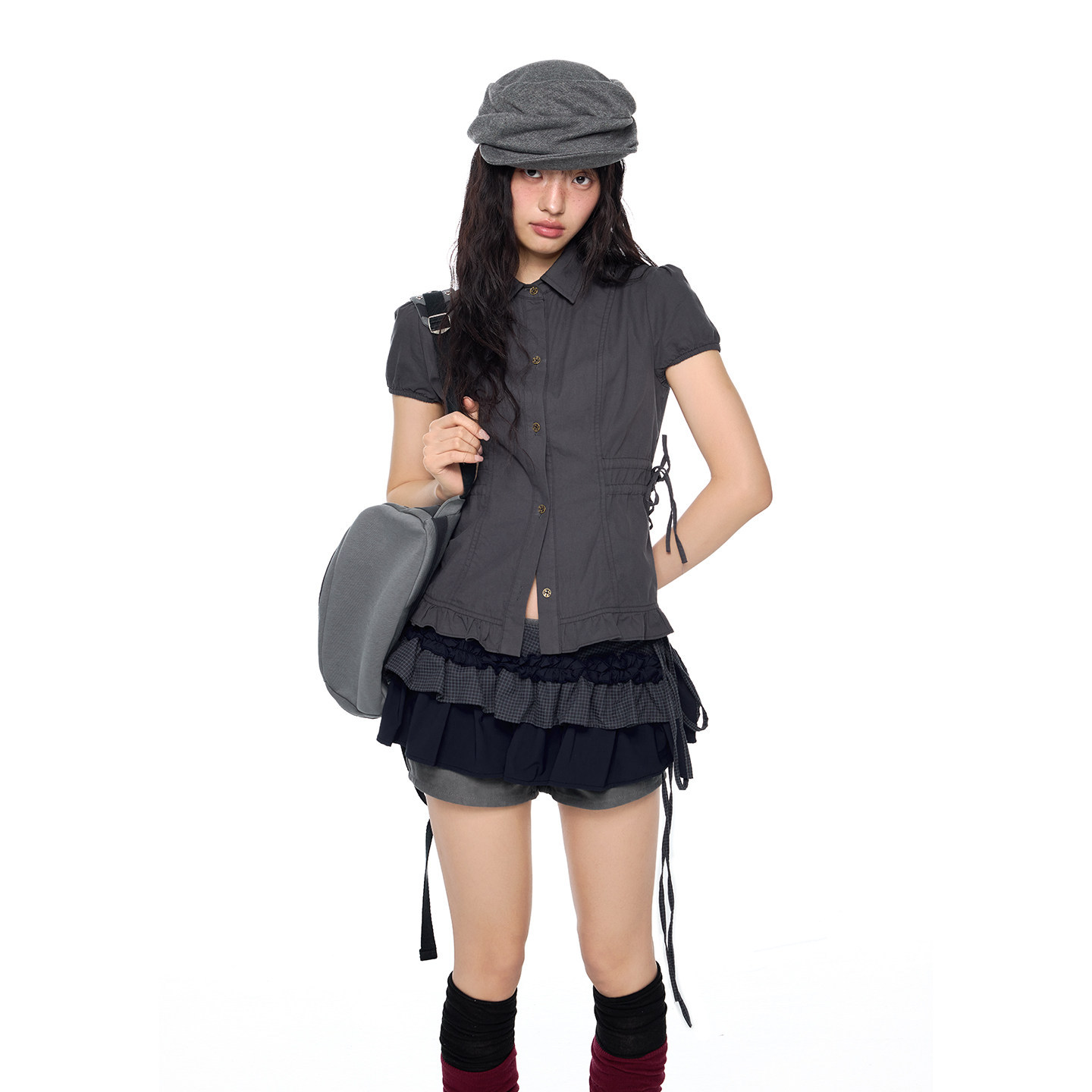 泡泡袖收腰顯瘦襯衫短袖女夏季新款復古休閒修身系帶氣質上衣