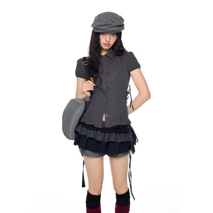 泡泡袖收腰顯瘦襯衫短袖女夏季新款復古休閒修身系帶氣質上衣