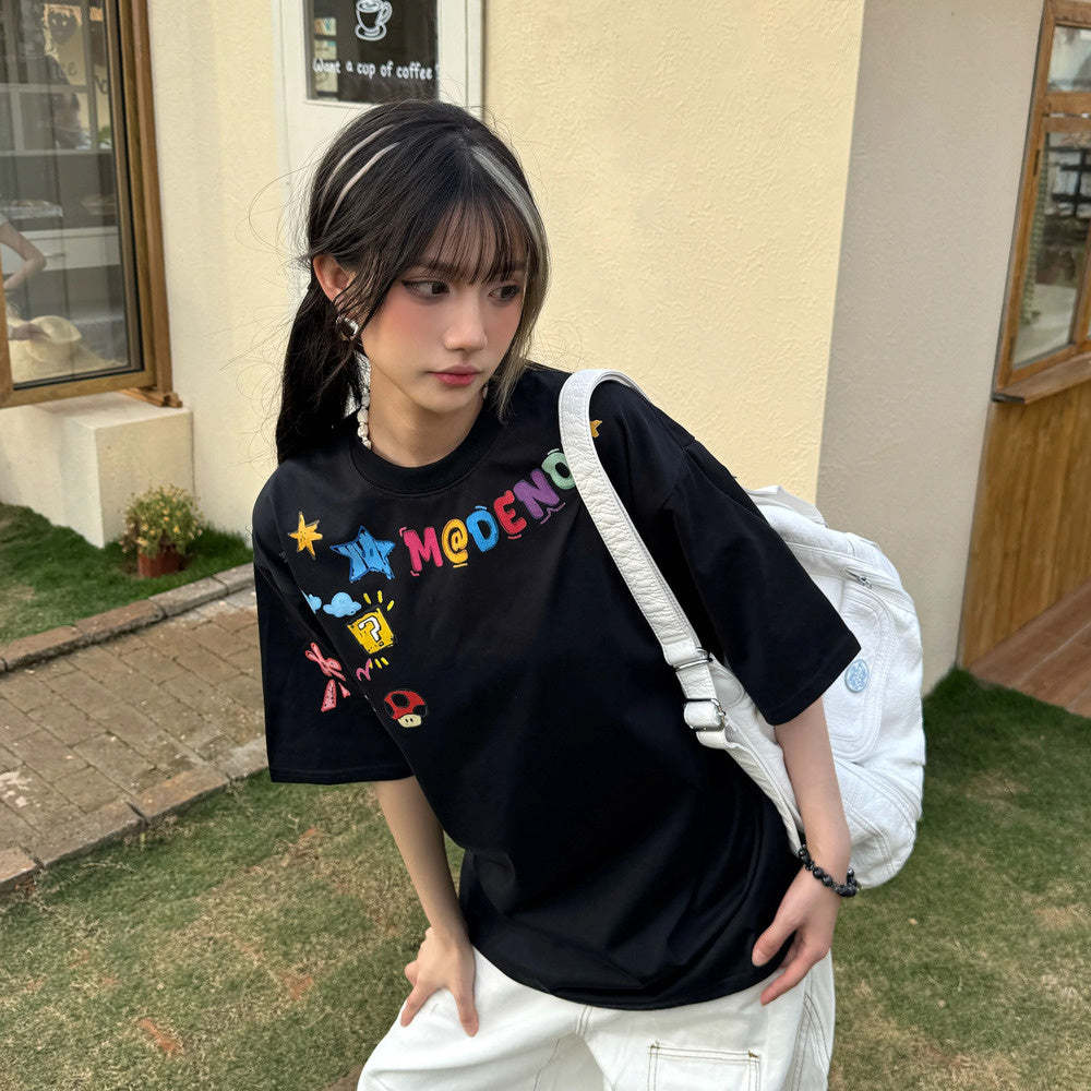 美式手繪塗鴉字母印花短袖女夏季新款寬鬆休閒T恤