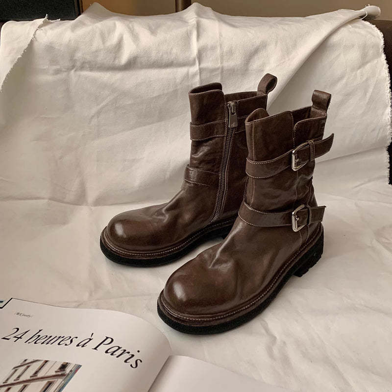 一字扣帶厚底水洗縮紋馬皮瘦瘦短靴女