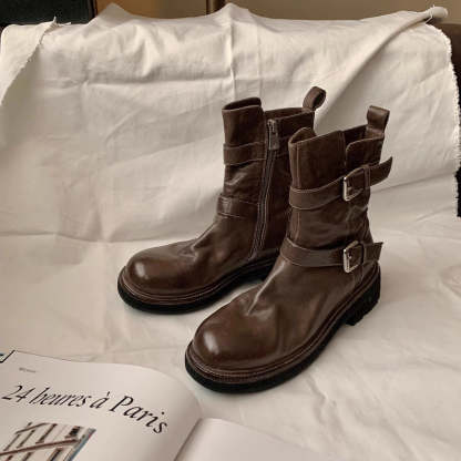 一字扣帶厚底水洗縮紋馬皮瘦瘦短靴女