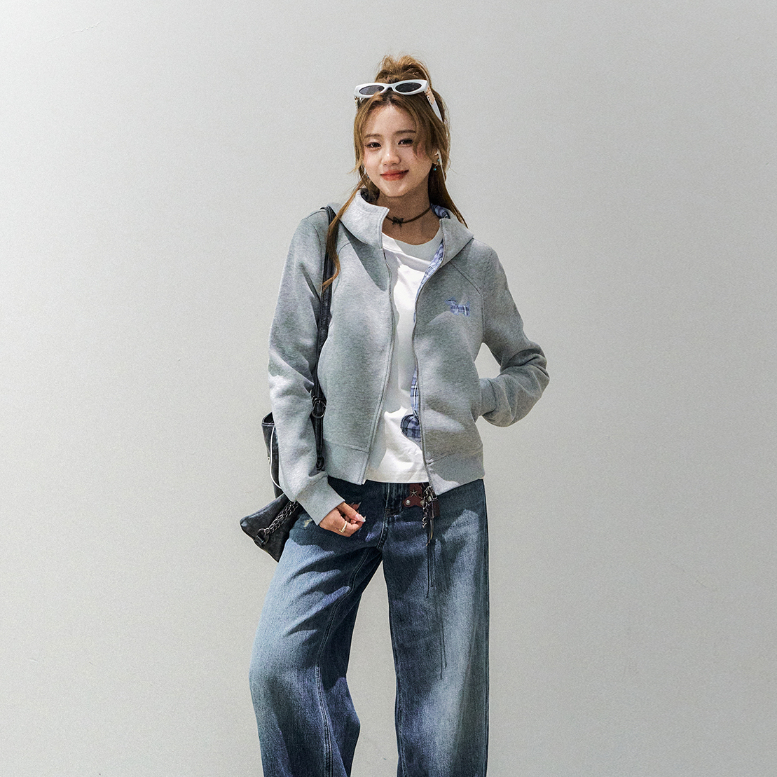 韓系慵懶格子臘腸狗連帽衛衣外套女款秋短款修身上衣