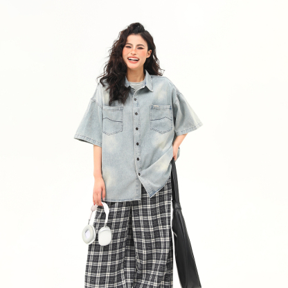 美式復古水洗牛仔短袖襯衫女夏季潮流百搭外穿襯衣