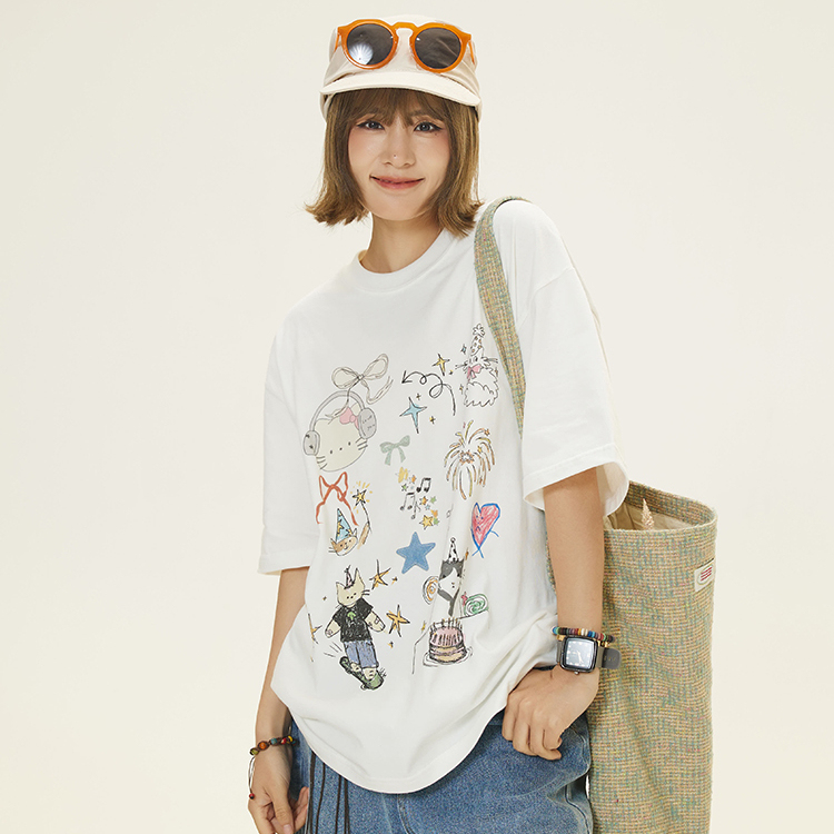 夏季小眾顯瘦素描印花短袖T恤女2025新款休閒T賉