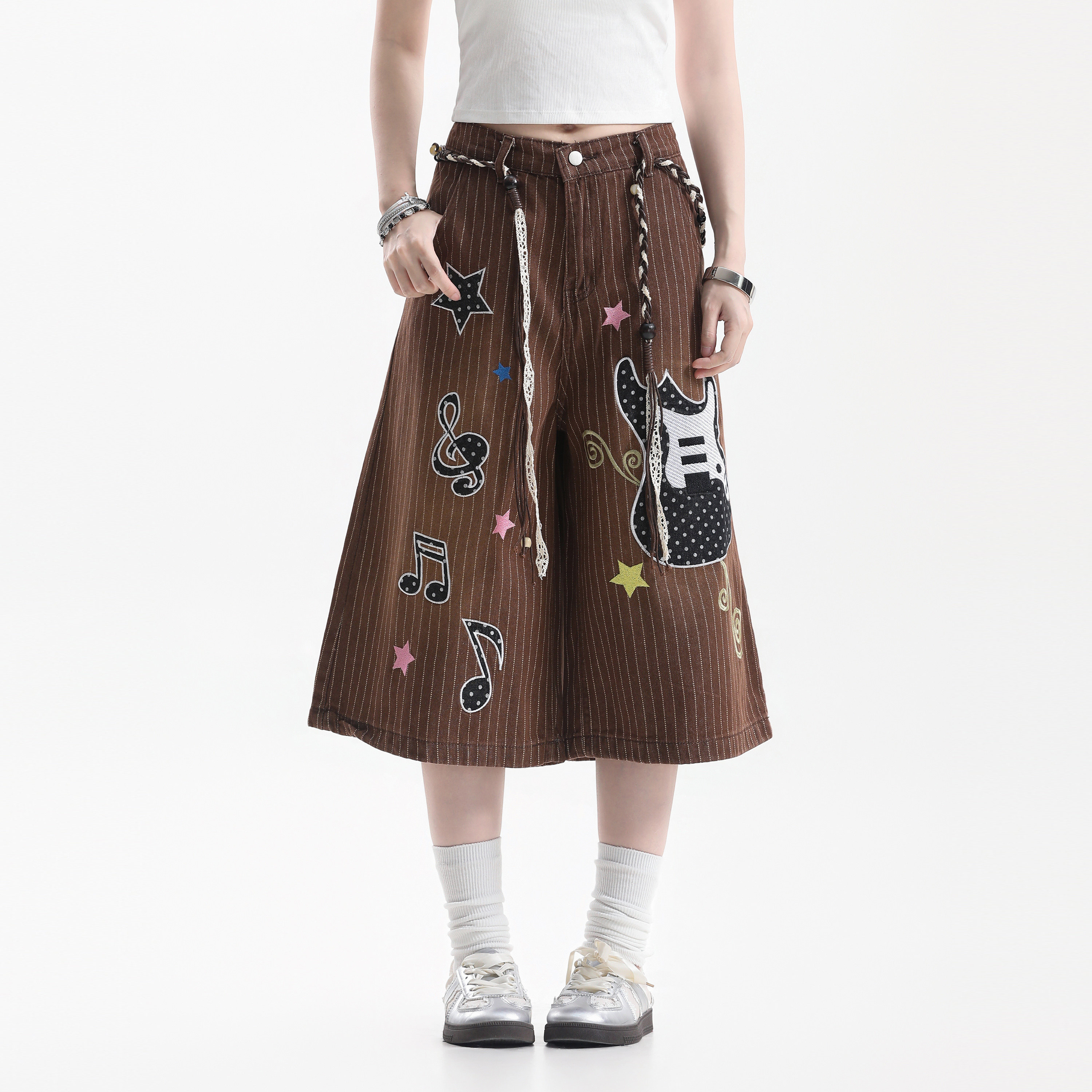 美式潮牌吉他音符刺繡豎條紋七分褲女直筒牛仔短褲子