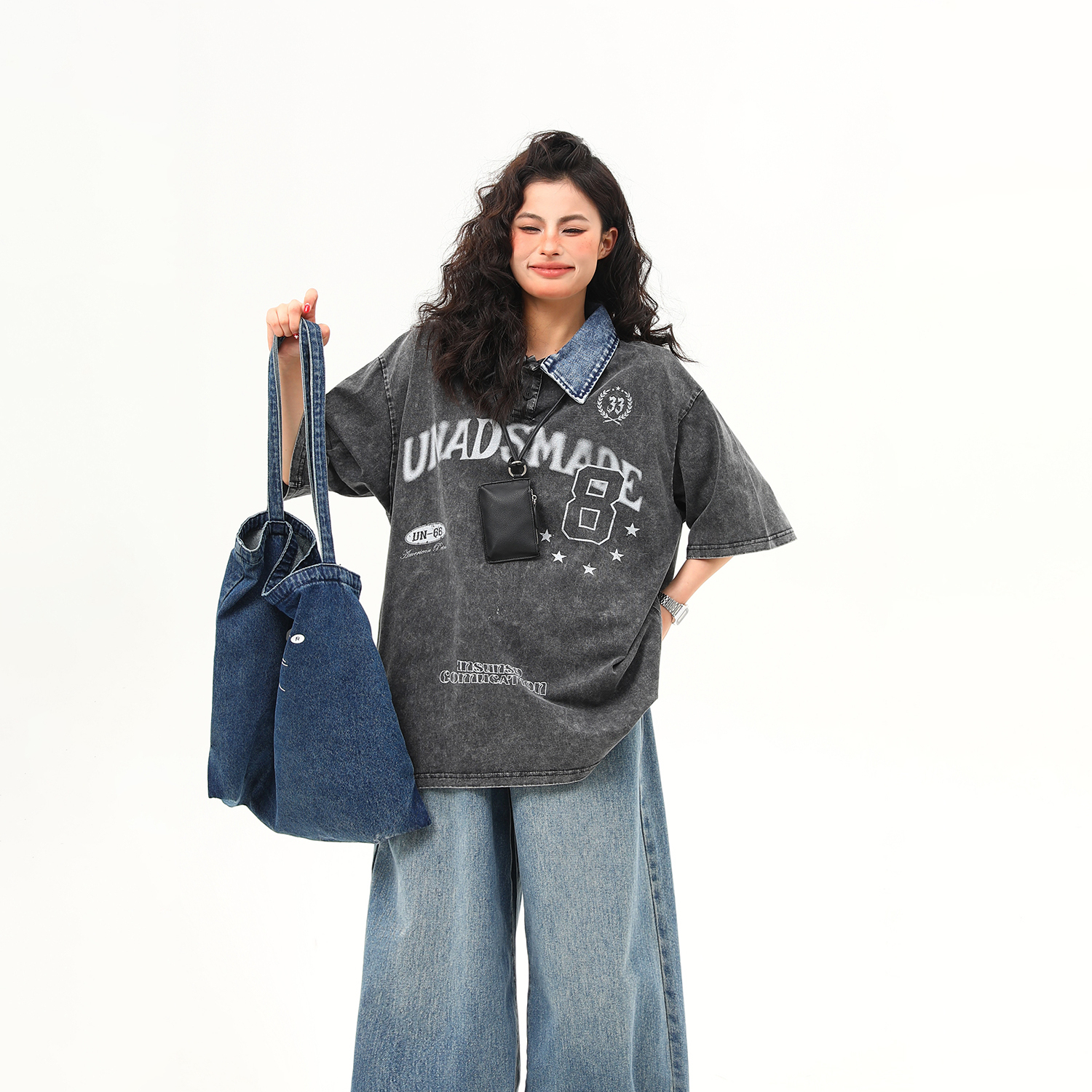 水洗重磅牛仔翻領設計感短袖T恤女夏季美式復古潮牌tee