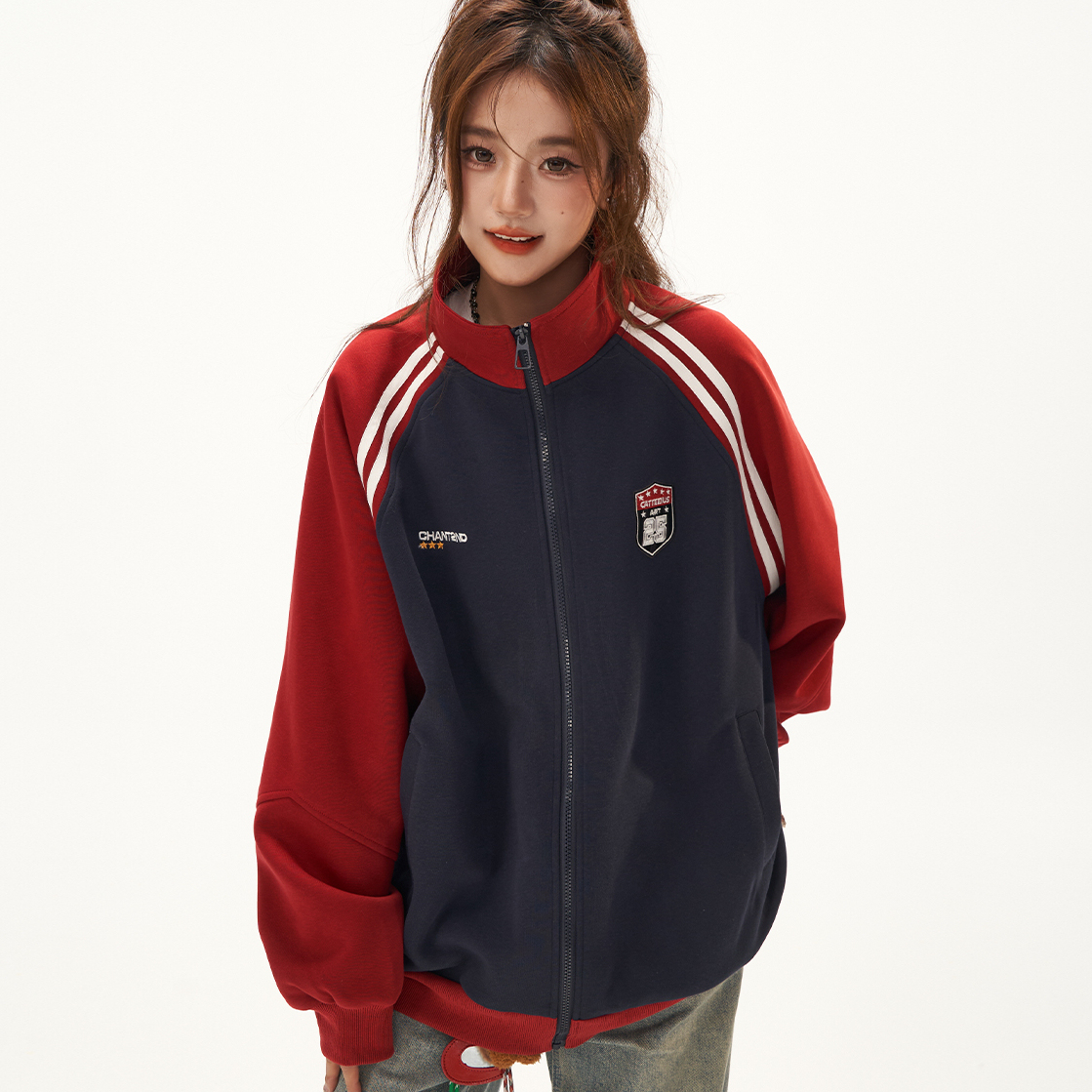 美式復古衛衣外套女秋冬季高級感拼接插肩袖衛衣開衫