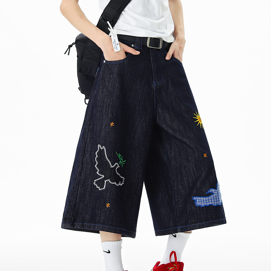 美式趣味刺繡貼布七分褲女2026夏季街頭潮牌寬鬆水洗丹寧牛仔短褲