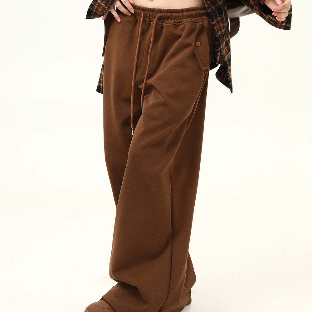 美拉德深棕色休閒褲女美式復古寬鬆直筒垂感闊腿衛褲子