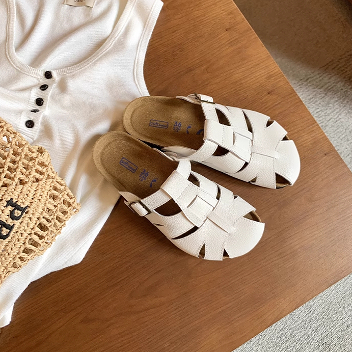 實穿主義真皮鏤空厚底包頭勃肯拖鞋女半拖外穿夏