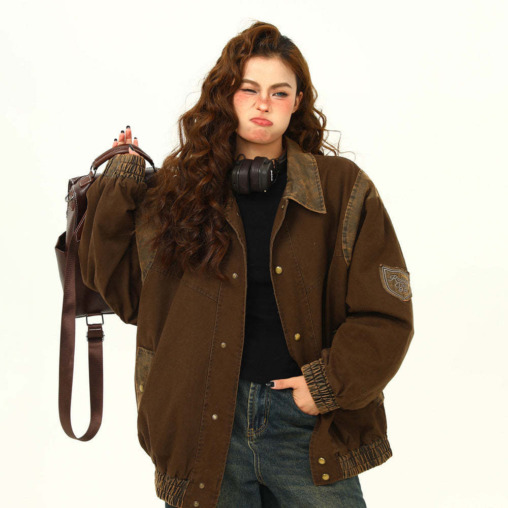 冬季美式復古水洗工裝夾棉外套女美拉德棕色夾克