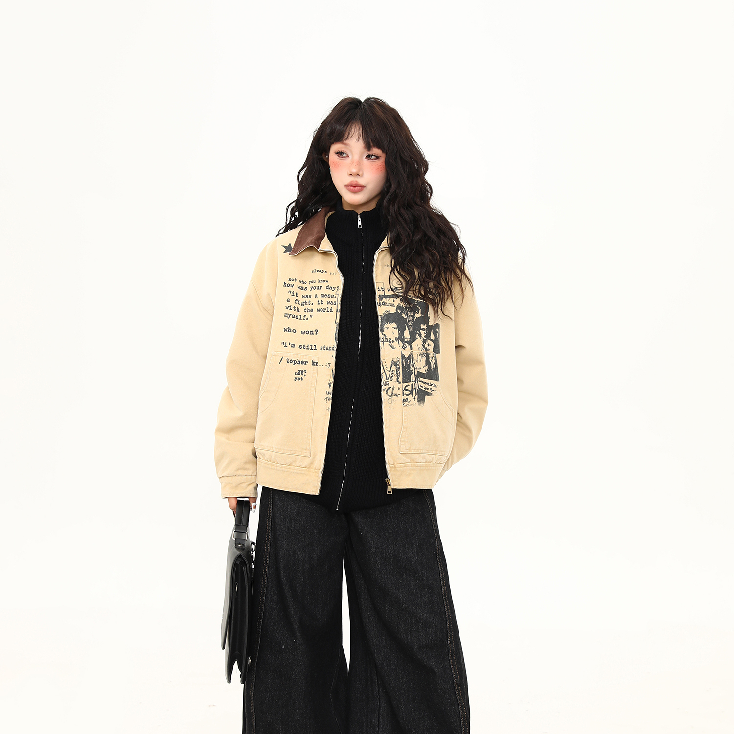 美式復古塗鴉印花羊羔絨夾克外套女冬季加厚保暖上衣