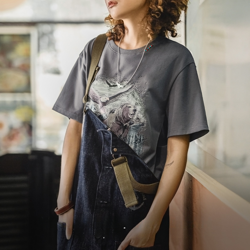 夏日格雷系Vintage復古插畫T恤美式慵懶落肩寬鬆小眾短袖女