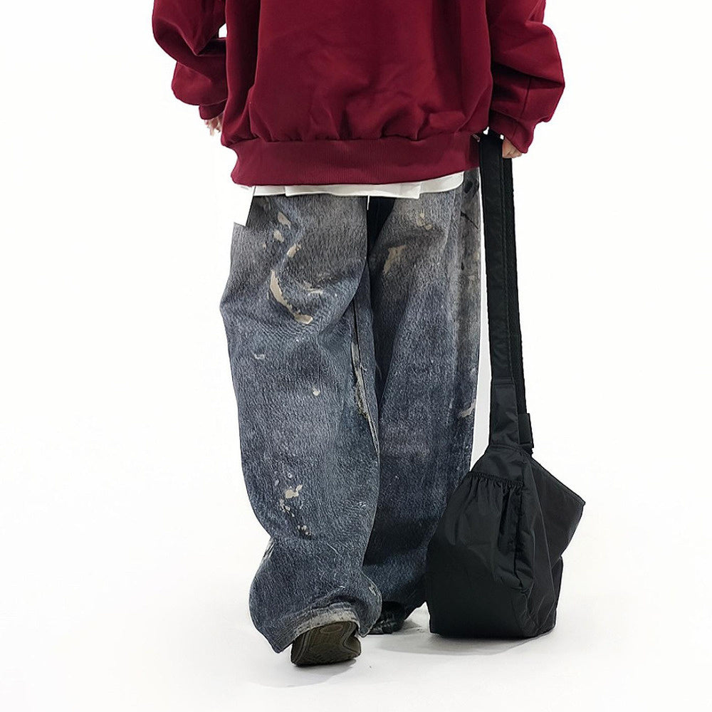 復古街頭水洗做舊刷漆潑墨寬鬆直筒牛仔褲男女高街百搭長褲