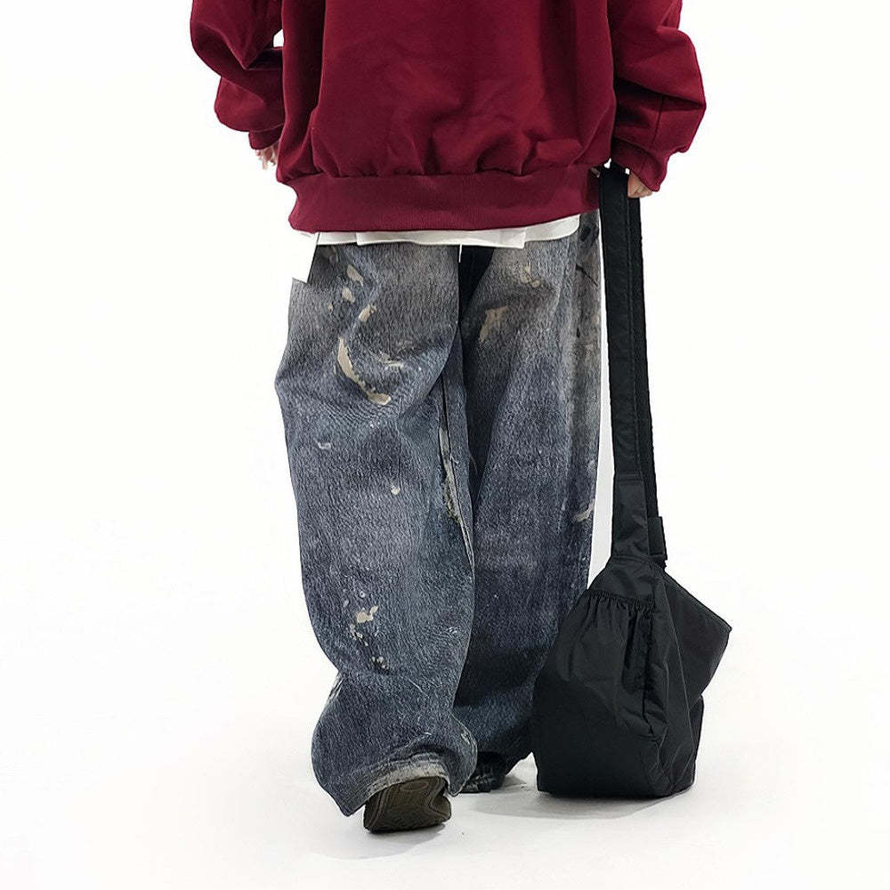 復古街頭水洗做舊刷漆潑墨寬鬆直筒牛仔褲男女高街百搭長褲