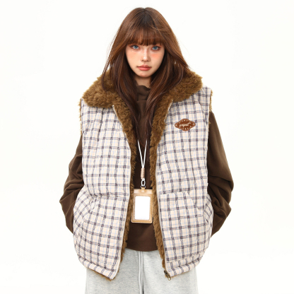 美式復古格紋羊羔毛雙面穿棉服馬甲外套女冬季加厚棉襖