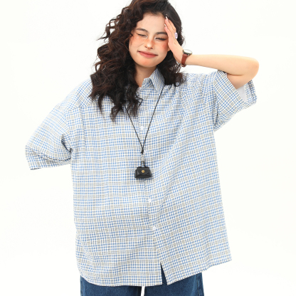 紋理感格紋小眾復古短袖襯衫女潮流青春寬鬆外穿襯衣