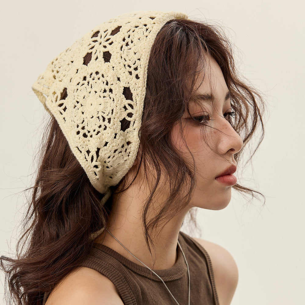 美式復古休閒手工針織發帶女個性棉線鉤花街頭辣妹風三角巾頭巾帽