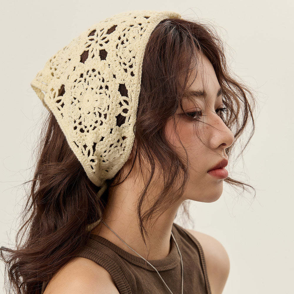 美式復古休閒手工針織發帶女個性棉線鉤花街頭辣妹風三角巾頭巾帽