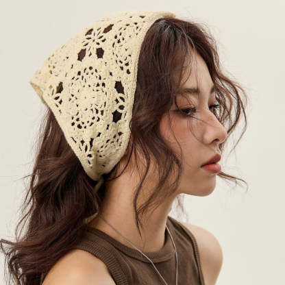 美式復古休閒手工針織發帶女個性棉線鉤花街頭辣妹風三角巾頭巾帽