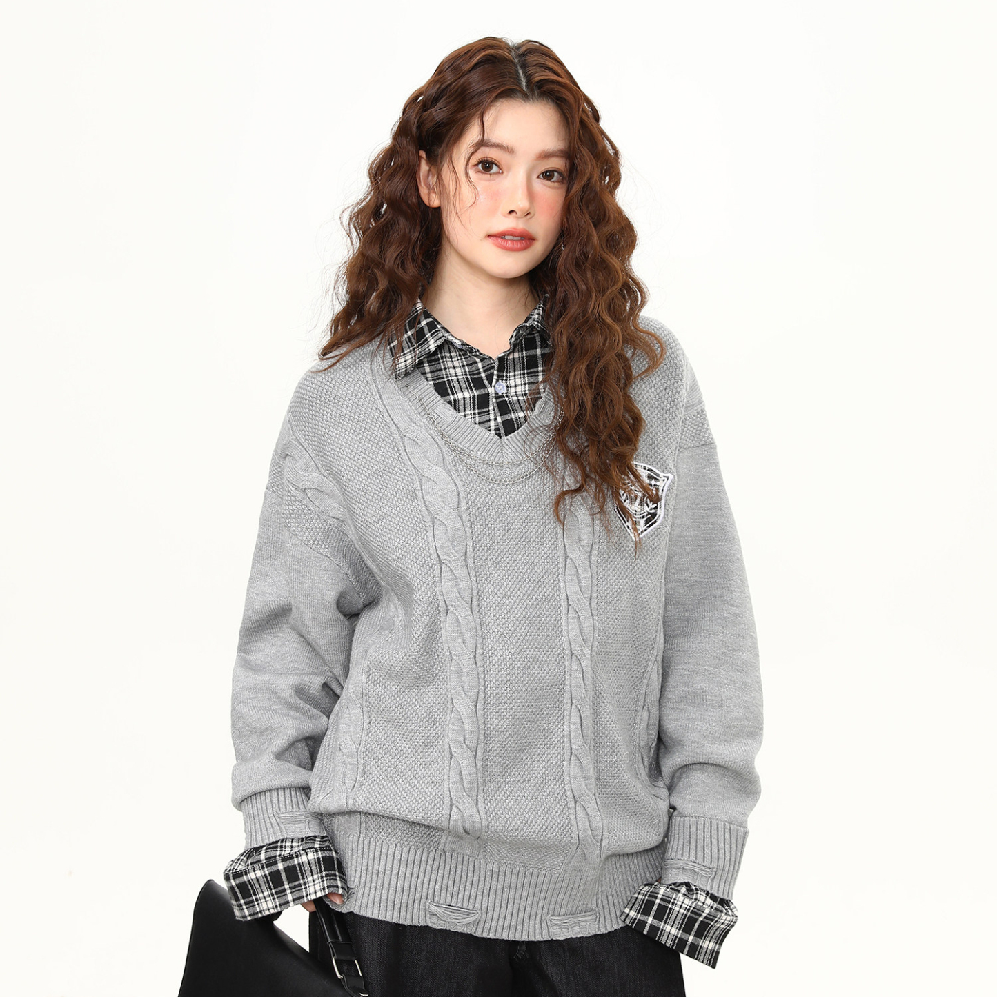 美式復古格子拼接假兩件針織衫毛衣女春秋學院風上衣
