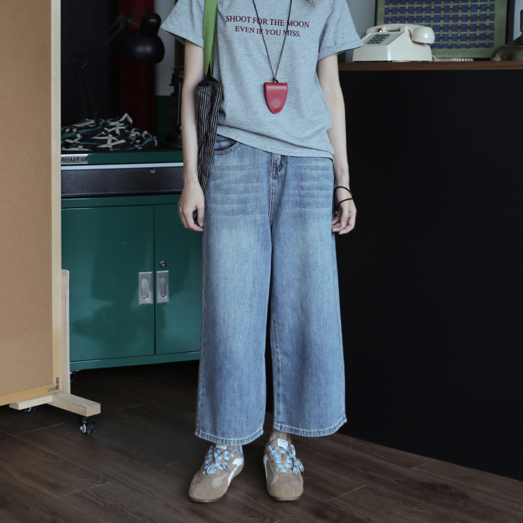 復古九分闊腿牛仔褲女高腰顯瘦直筒休閒褲夏薄款