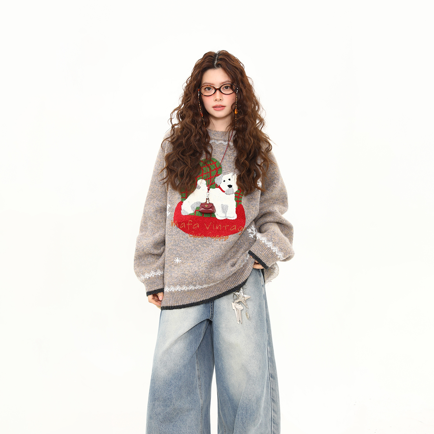 美式復古秋冬氛圍感小狗毛衣女圓領套頭慵懶風針織衫外套