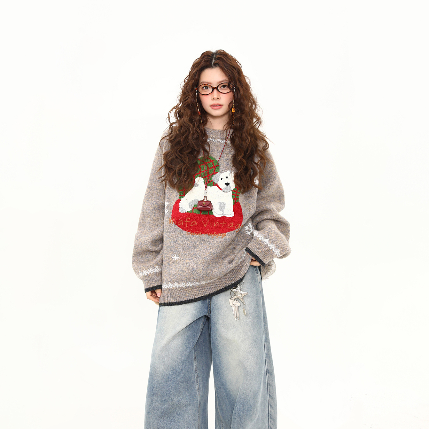 美式復古秋冬氛圍感小狗毛衣女圓領套頭慵懶風針織衫外套