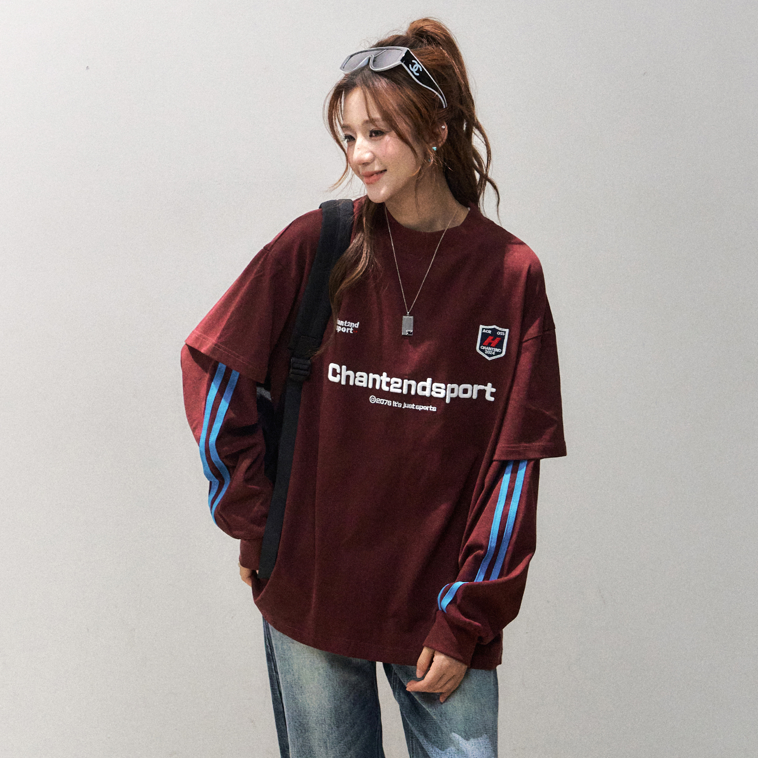 假兩件長袖t恤女早秋美式慵懶chic上衣寬鬆純棉球衣T恤