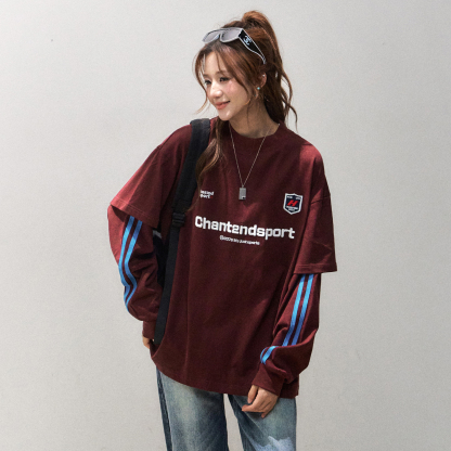 假兩件長袖t恤女早秋美式慵懶chic上衣寬鬆純棉球衣T恤