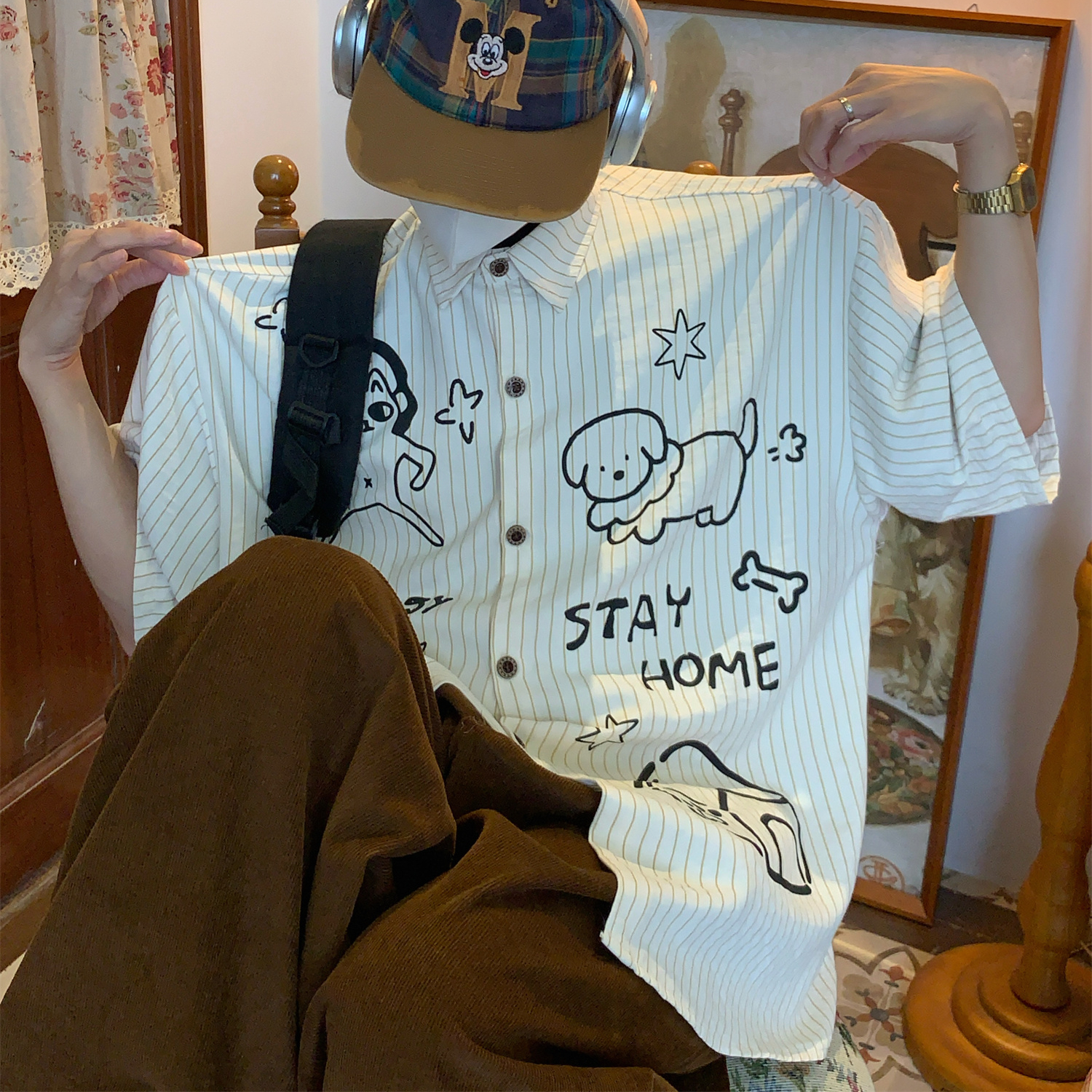 美式復古條紋短袖襯衫夏季寬鬆小狗百搭寬鬆上衣