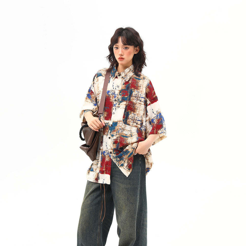 美式復古油畫潑墨設計感古著短袖襯衫女潮牌個性襯衣