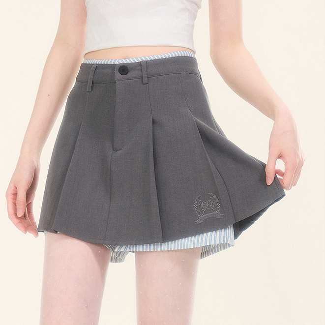 學院風灰色格紋拼接半身裙女夏季高腰顯瘦加兩件百褶短裙
